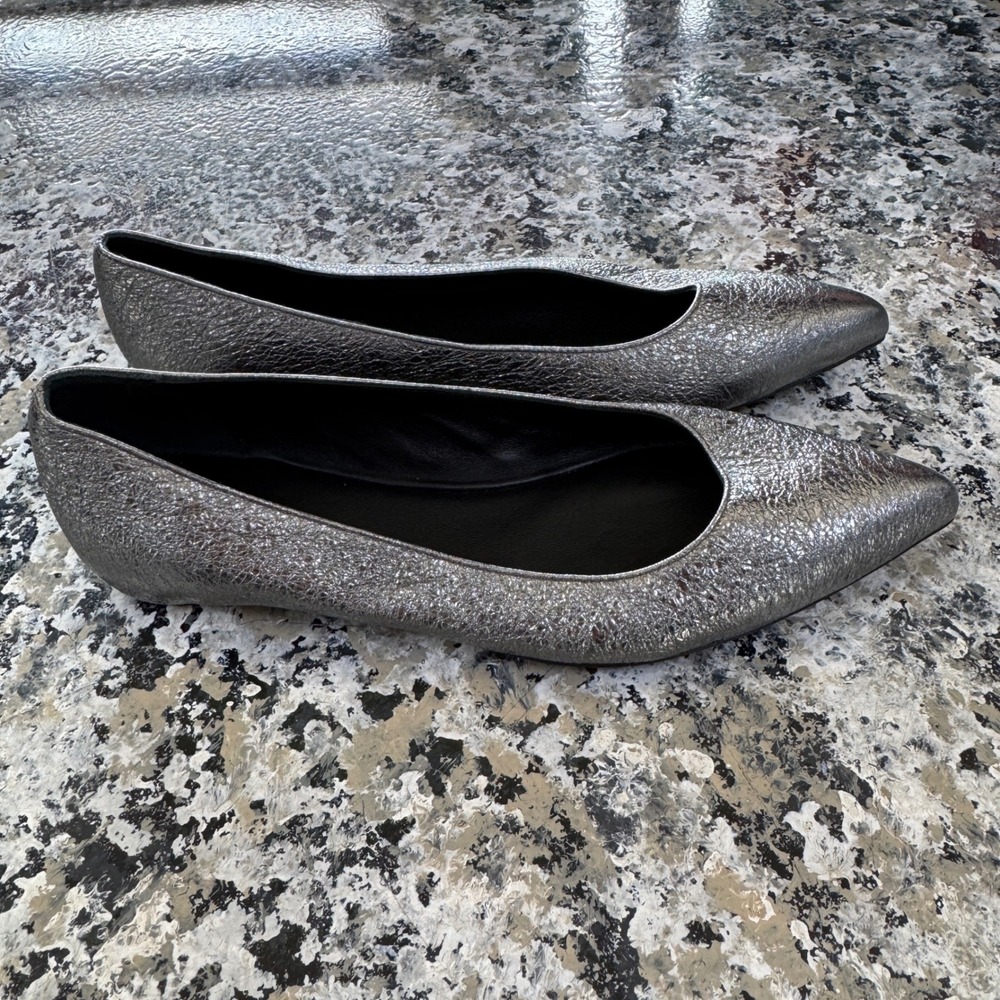 M.Gemi Esatto Pointed Toe Flats 37.5 Gunmetal Metallic Crinkled Leather Elegant